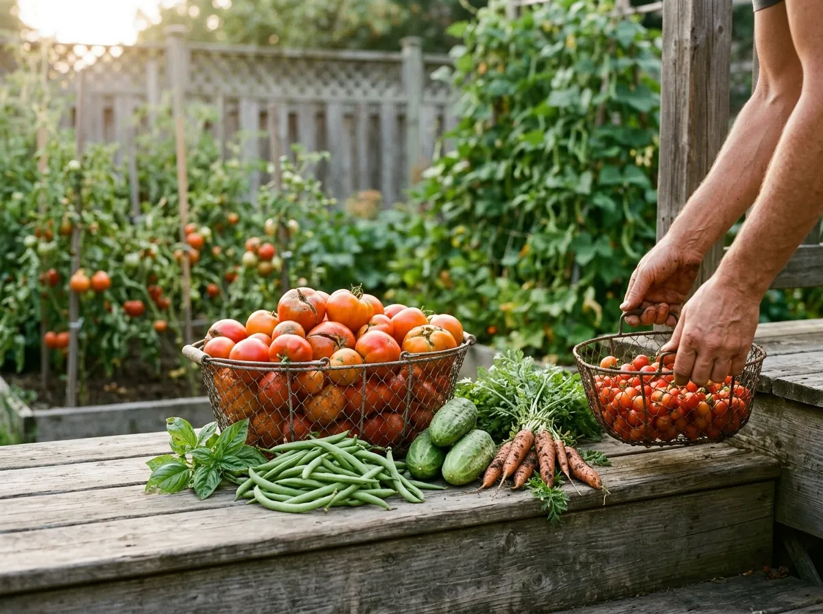 Hands setting a basket of cherry tomatoes on a deck piled with tomatoes, beans, cucumbers, carrots and basil.